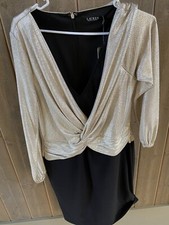 Lauren Ralph Lauren Black Gold V-Neck Twist Front Layered Dress Sz 14