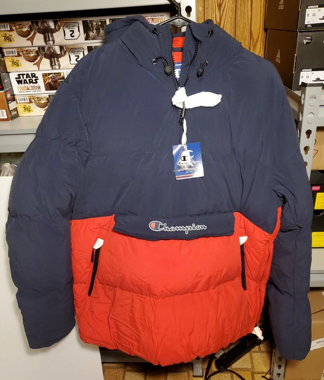 New Champion Mens Winter Down Jacket Two Tone Size L Hooded, Multi Pocket, Warm