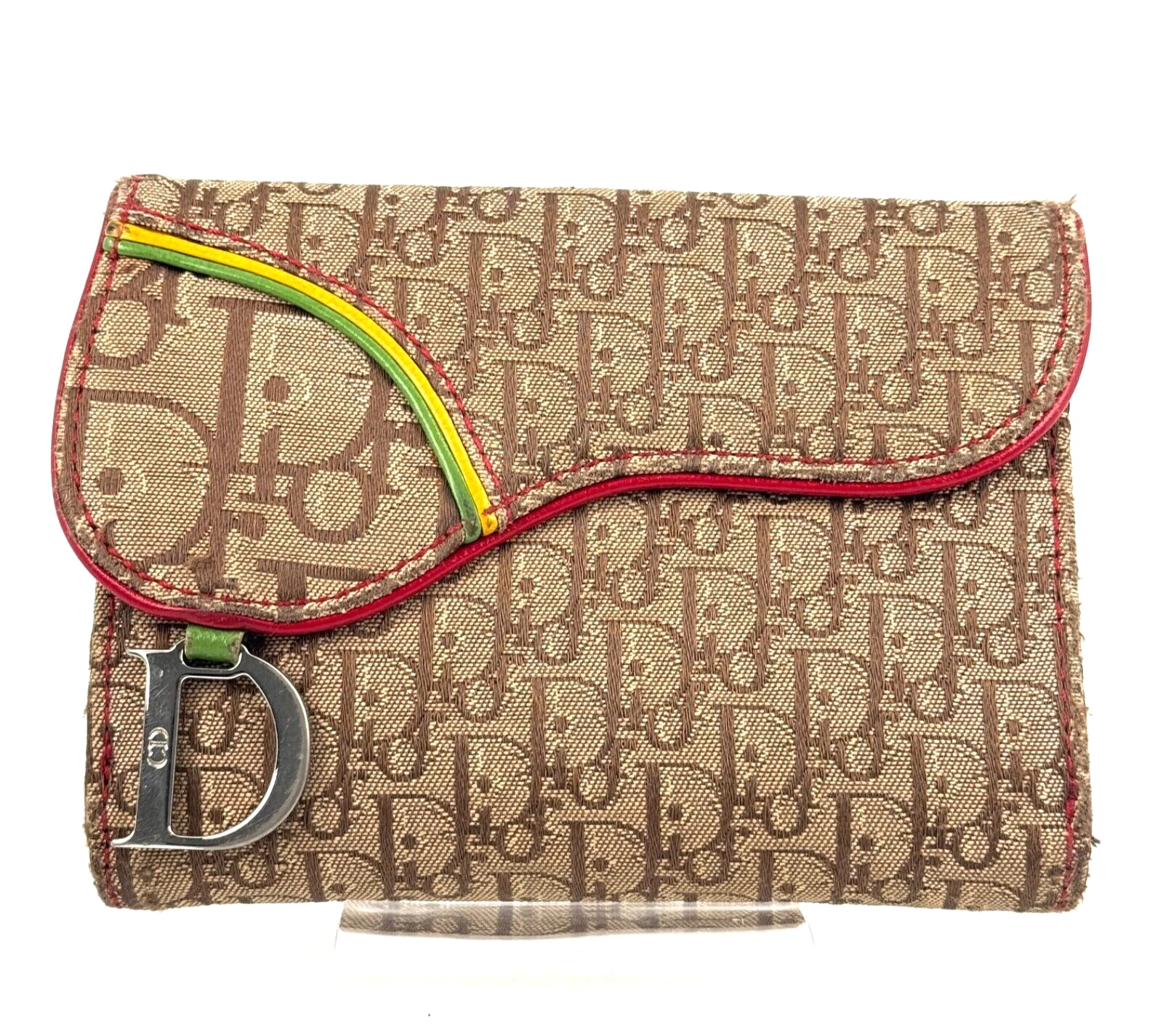 DIOR Portefeuille Plié Trotteur Toile Cuir Rasta Selle Beige Sac à Main Authentique