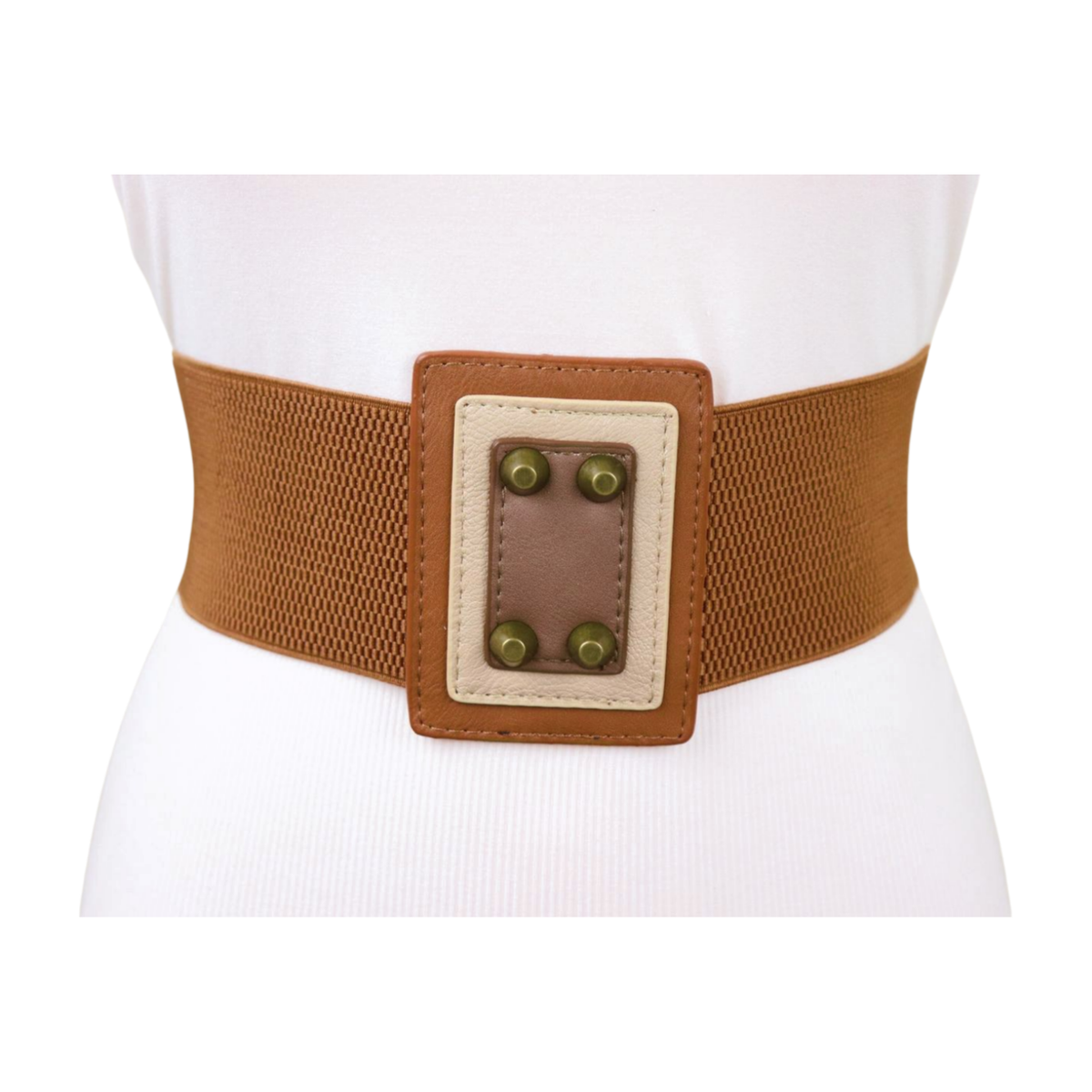 Women Brown Wide Elastic Fashion Belt Square Antique Gold  display picture 3