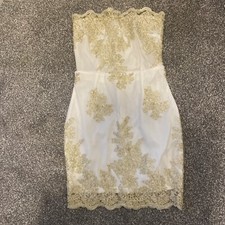 white & gold corset mini dress gold lace effect strapless