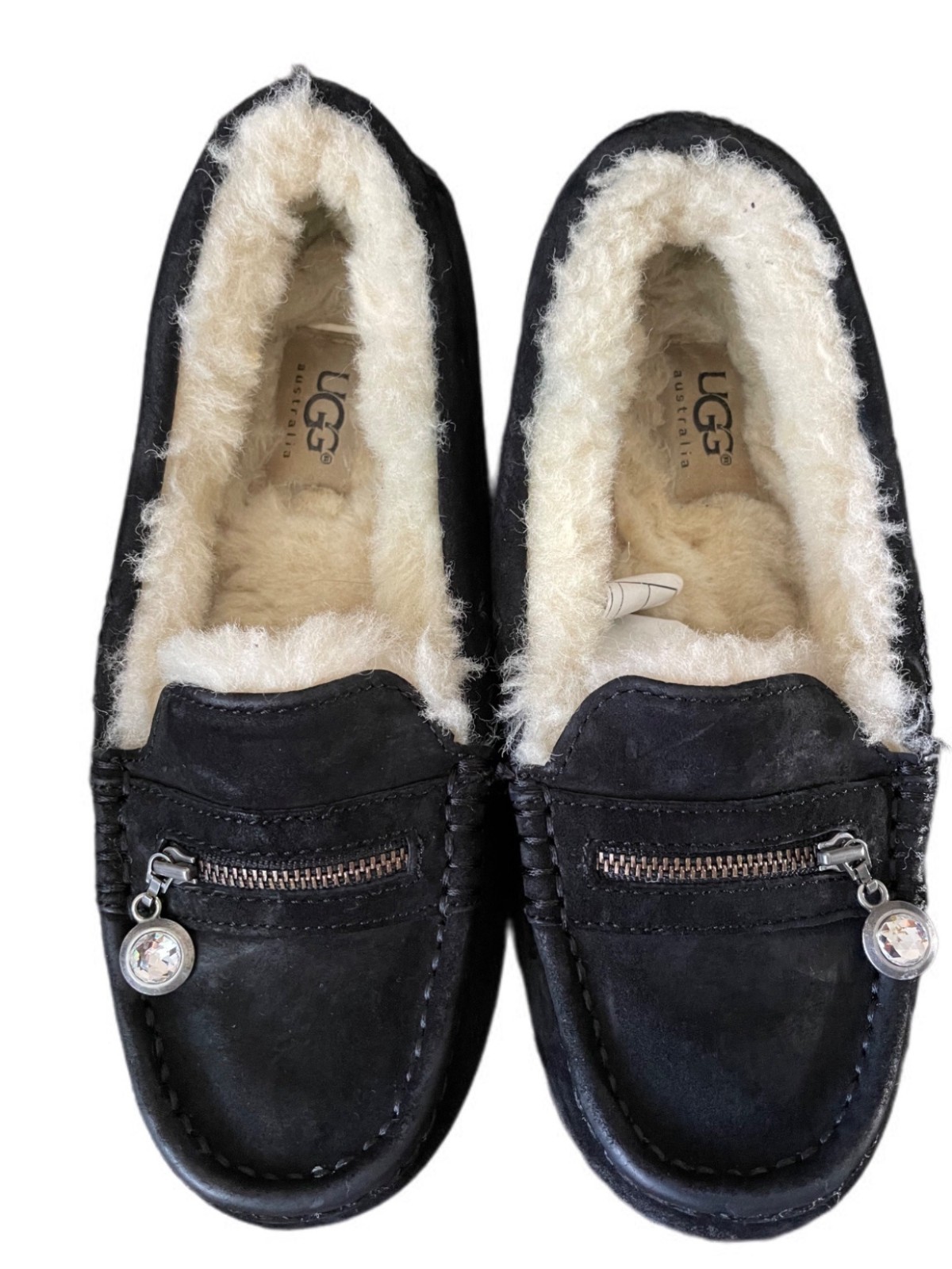SAOLA Mocassini Ugg donna Ansley scamosciati neri con charms cristallo Swarovski suola gomma