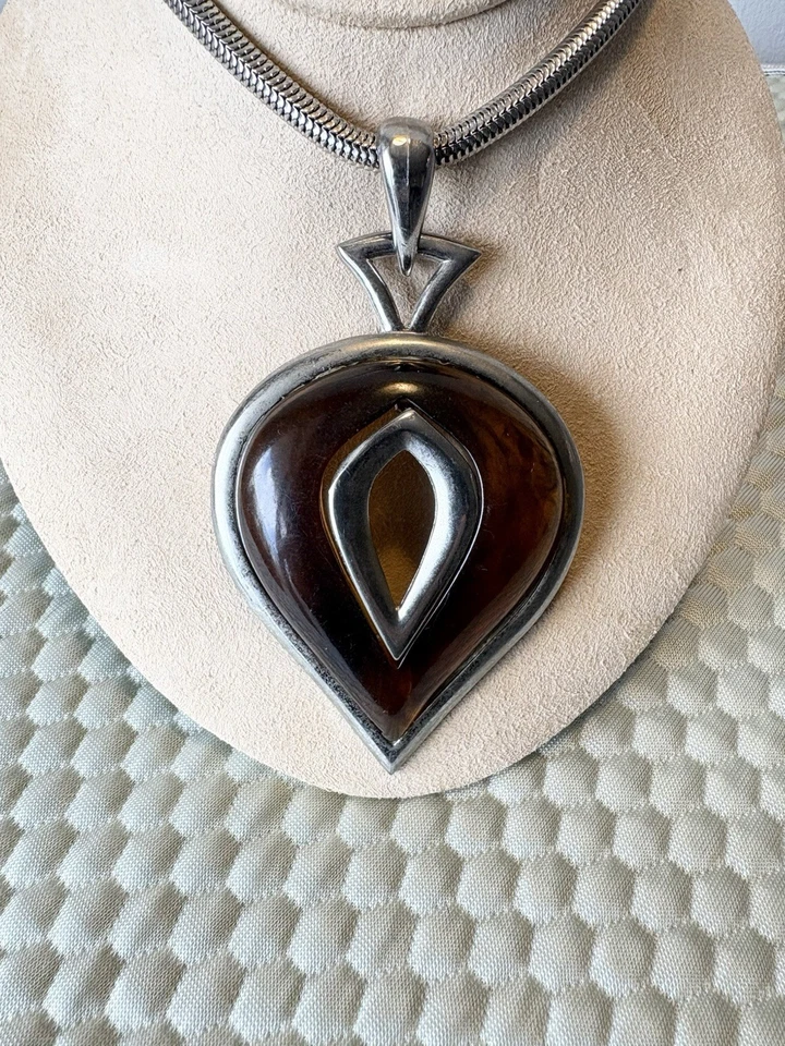 "Collar colgante Lanvin llamativo marrón y plata con cadena serpiente 19"" ¡RARO! Foto 2 de 4