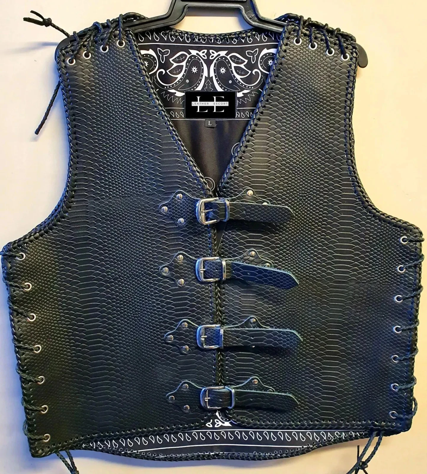 Men’s Black Snake Embossed Leather Biker Vest | Western Buckle Vest | Handmade