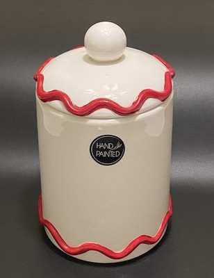 Luna & Sage Ceramic Canister Christmas Red Wavy Border Hand Painted 8  NEW
