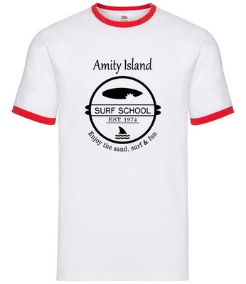 Amity Island Surf School Est. 1974 Herren Ringer T-Shirt Film Merch Fan Hai