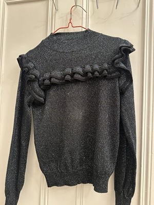 M&S waldgrün Rüschen Schulter Pullover UK 8 Glitzer Strick Marks & Spence