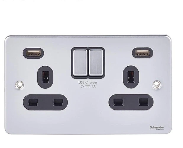 SCHNEIDER ULTIMATE BRUSH CHROME /BLK LOW PROFILE DOUBLE USB SOCKET *2X 4A USB*