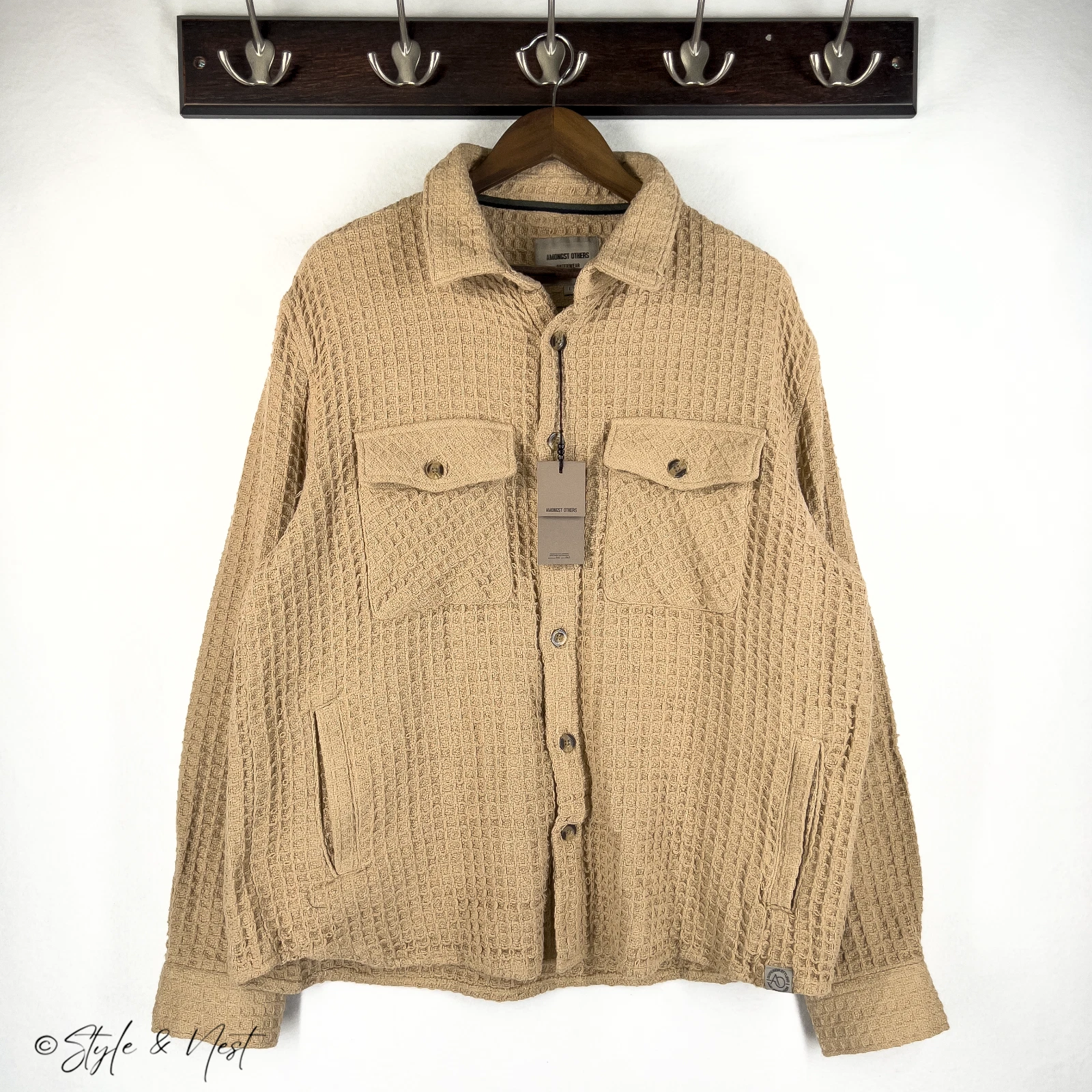 Amongst Others Waffle Knit Overshirt Jacket Large Tan 100% Cotton