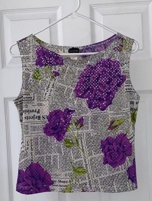 Women s Casting Sleeveless GLITTERY Purple ROSES & NEWS Articles BLOUSE SIZE-XL