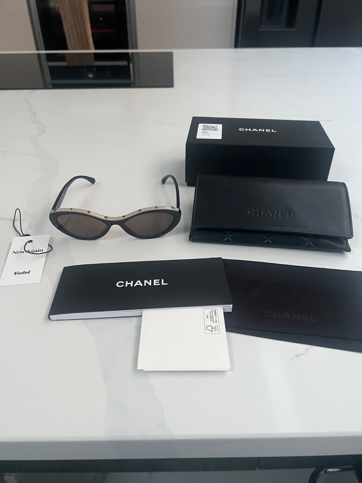 AUTHENTIC CHANEL 5416 Sunglasses Black Beige Logo Oval Authentic Box & Case