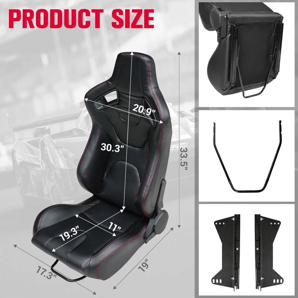 2X Universal Reclinable Bucket Seats Cars PVC Adjustable Racing Seats Black - Bild 4 von 4