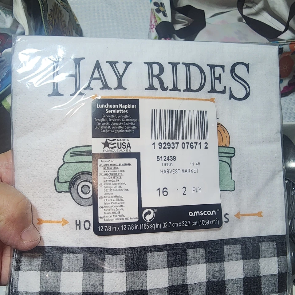 SERVILLETAS AMSCAN NUEVAS CON ETIQUETAS HAY RIDES MERCADO DE COSECHA 16 CT Foto 2 de 2