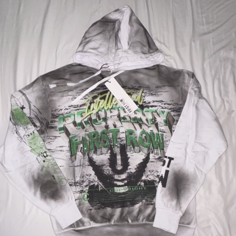 First Row Gray White Green Black Pullover Hoodie Men’s M Graphic Print