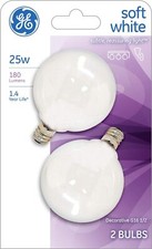 GE 44412 2 Pack 25 Watt Soft White Globe Light Bulbs w Candelabra Base