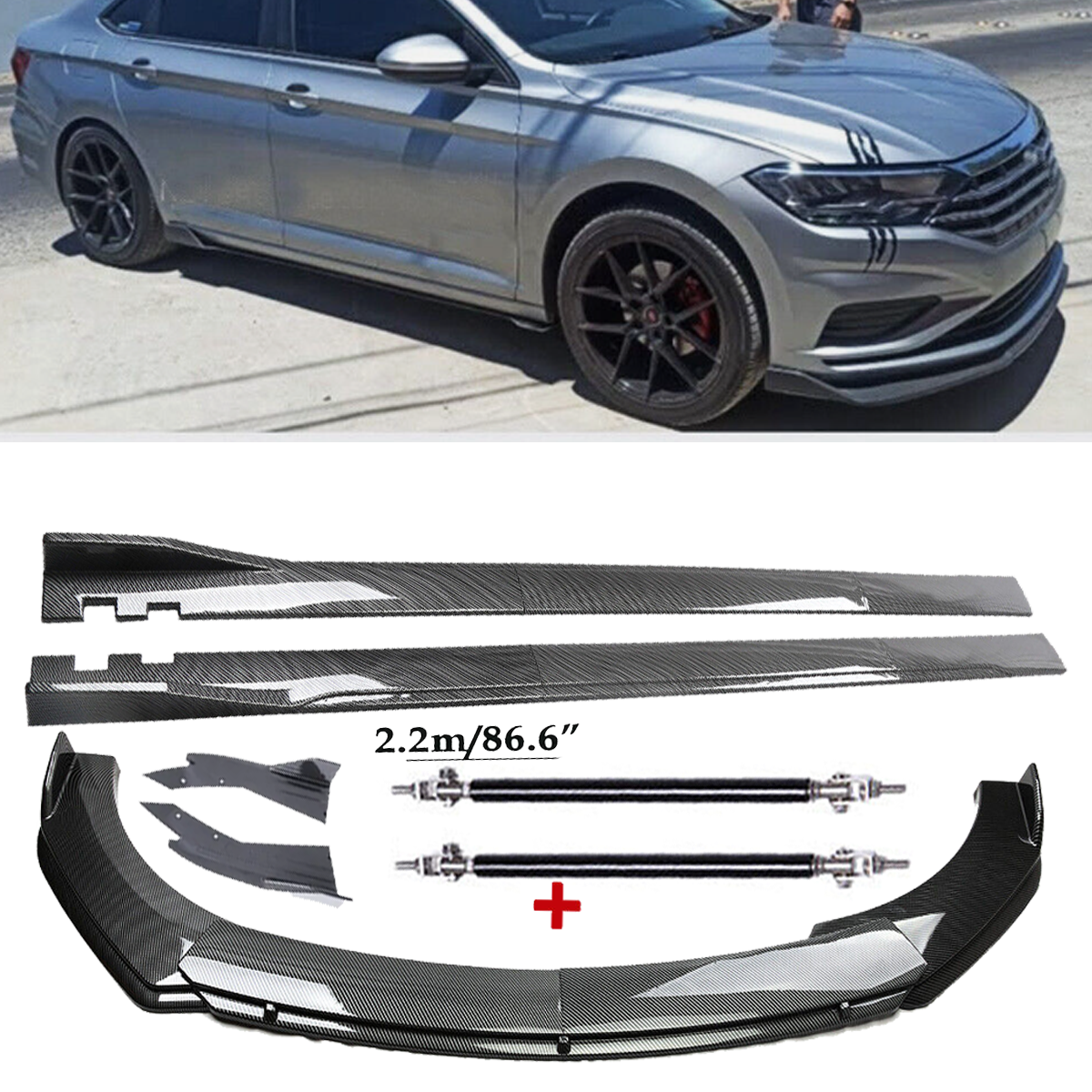 Carbon Fiber Front Bumper Lip Spoiler 86.6in Side Skirt Kit VW Jetta MK5 MK6