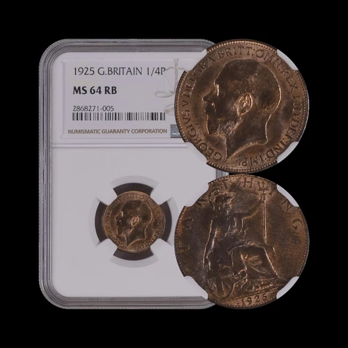 Great Britain. 1925, Farthing - NGC MS64 - KGV, Britannia, 1/4d, 005