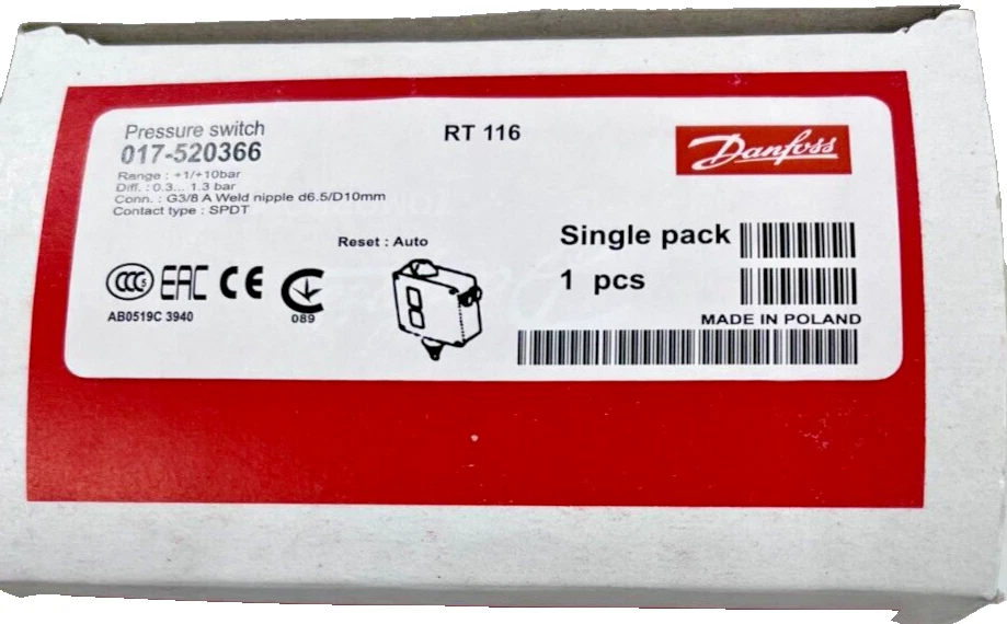 DANFOSS RT116 017-520366 Pressure Control Switch Range 1-10 bar SPDT G3/8 - Image 3 of 3