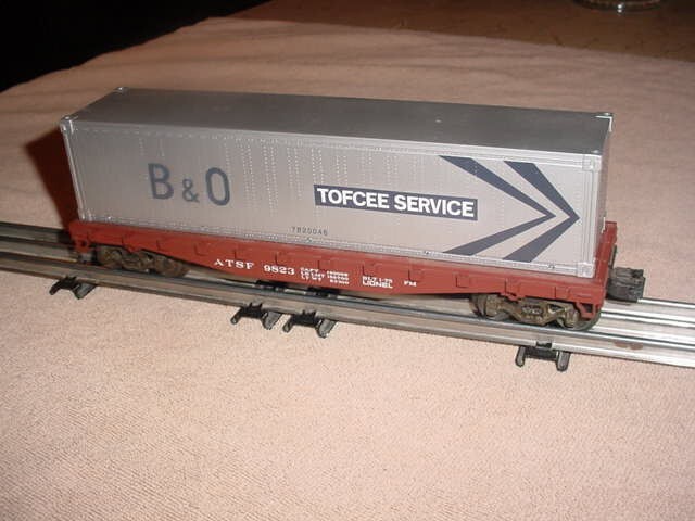 LIONEL FLAT CAR # 9823 - ATSF W/B&O TOFCEE SERVICE TRAILER CONTAINER 0 ...