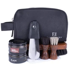 Travel Shoe Shine Kit - Black & Dark Brown Shoe Creams Brushes Shine Cloth & ...