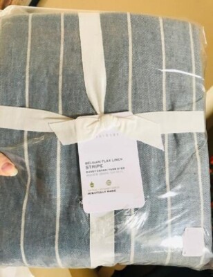 Pottery Barn Belgian Flax Stripe Duvet Cover Chambray Blue Queen 2 Std Shams 3pc