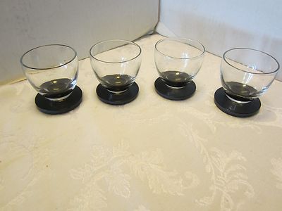 Vintage MCM Barware Glass Cordials set 4 clear bowl ebony footed 2.50'' T 1960s