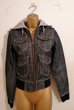 Lee Cooper Black Gold Grey Denim Cotton Hooded Biker Bomber Jacket Xs 6 8 10 12