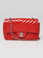 Chanel Red Chevron Quilted Patent Leather Classic Rectangular Mini Flap Bag