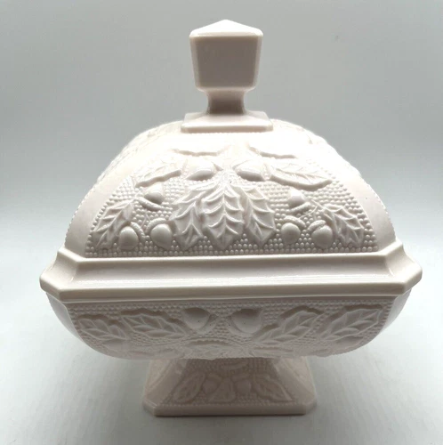 Vtg Jeanette Shell Pink Milk Glass Compote Candy Dish w/ Lid Acorn Leaves 1950s