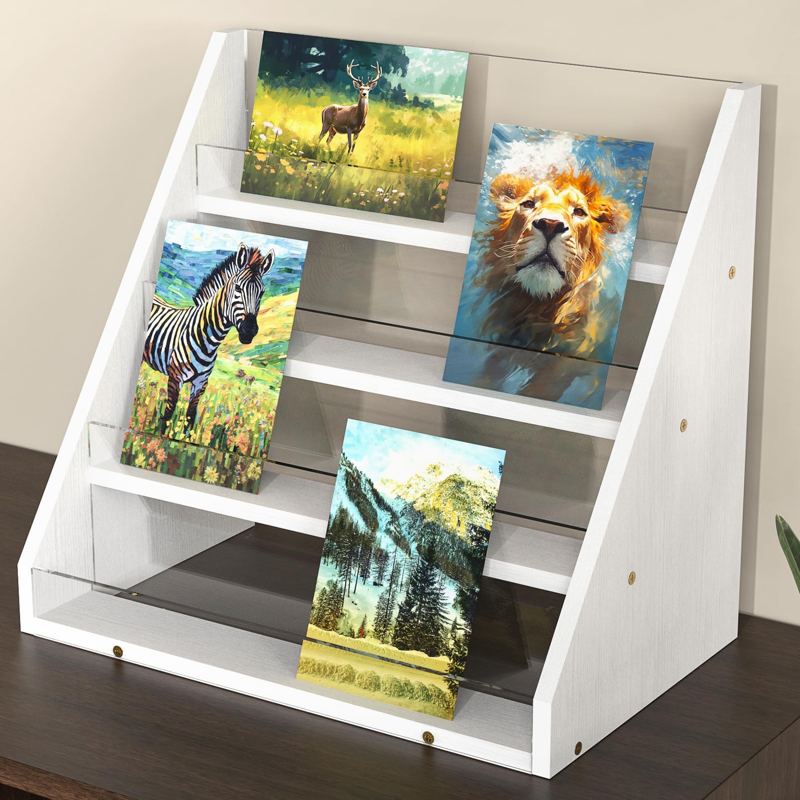 NiHome 4-Tier Bamboo & Acrylic Greeting Card Display Stand for Cards, White