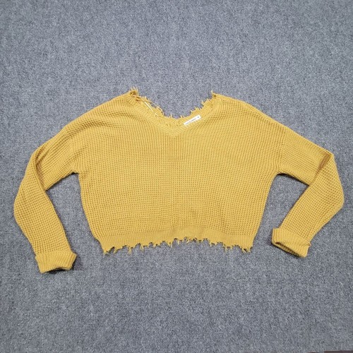 Moon & Madison Pullover Damen Medium Senfgelb Cropped Distress V-Ausschnitt Strick