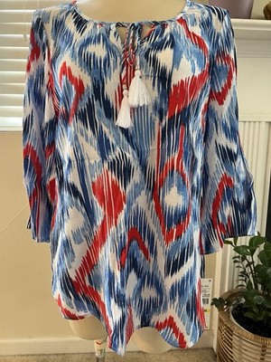 NWT Ruby Rd. Women s MEDIUM blue Red White 3/4 Sleeve Tassel Top $59