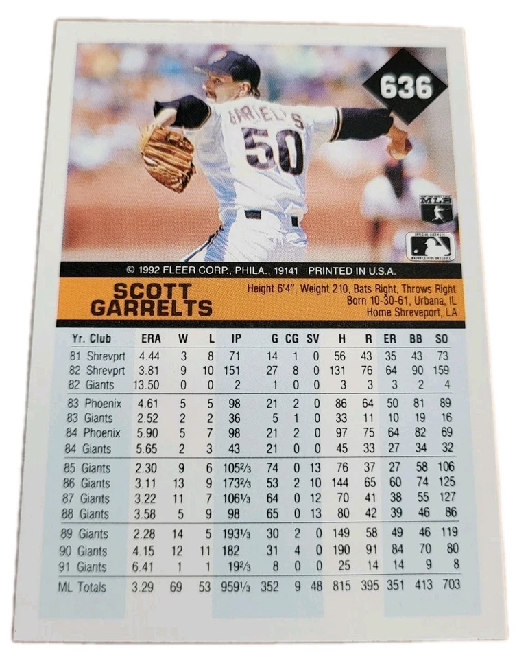 1992 Fleer #636 Scott Garrelts San Francisco Giants MLB Baseball Card (P3 - Image 2 of 2
