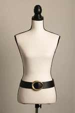 Vintage 1980s Black Leather Belt Gold Buckle Karen Palmer for Holt Renfrew Small