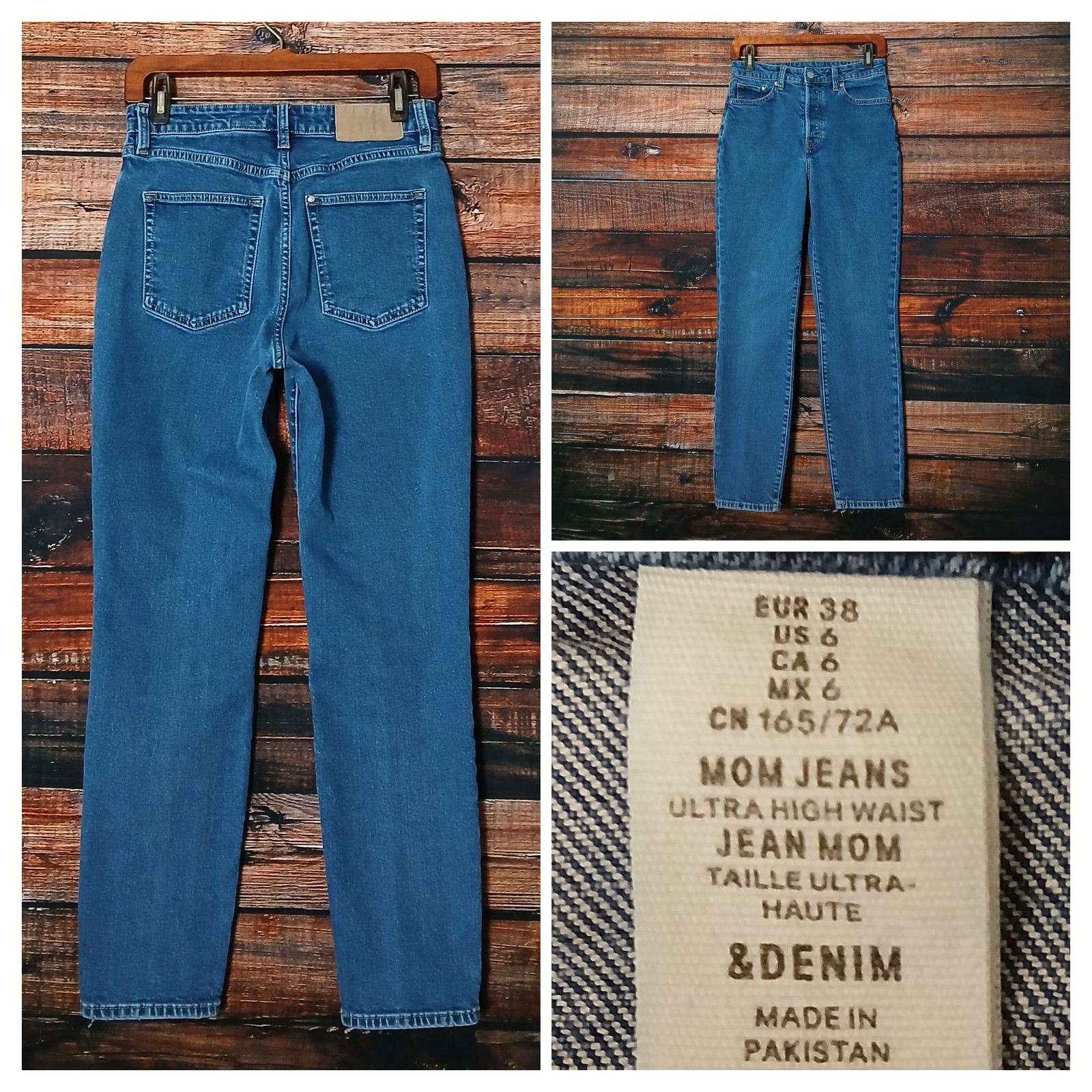 H&M &Denim Jeans Size 6 Mom Ultra High Waist Button Fly Blue Denim Stretch Flaw