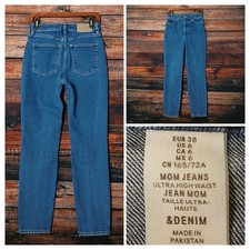 H M Denim Jeans Size 6 Mom Ultra High Waist Button Fly Blue Denim Stretch Flaw