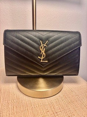 Saint Laurent Classic Monogram Wallet on Chain (WOC)   Black Chevron Grain de Po