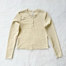 90 Degrees by Reflex Women’s Ribbed Henley Long Sleeve Top Cream Large