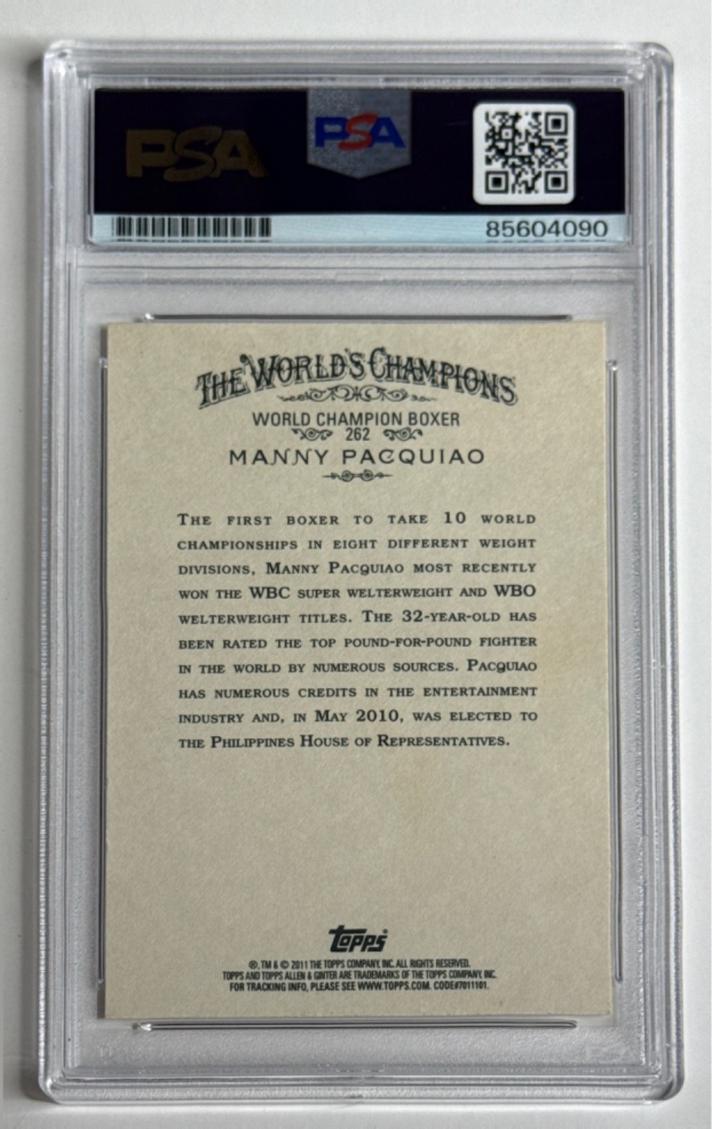 Manny Pacquiao Signed 2011 Topps Allen & Ginter Boxing RC #262 Gem Auto 10 PSA view 2