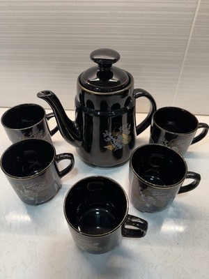 Bird of Paradise Tea Set with Teapot and Five Tea Cups Black