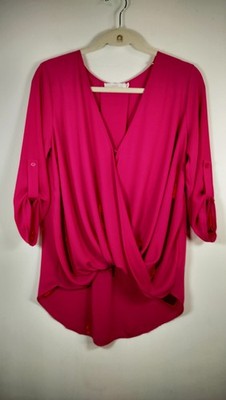 Lush Solid V-Neck 3/4 Roll Tab Sleeve Woven Blouse Pink Polyester Size S