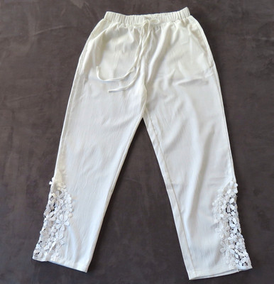 SHEIN Beach Pants Womens L White Cream Crochet Lace Ankle Baggy Coastal Pool