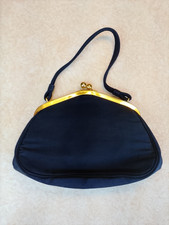 Vintage Mid-Century Navy Blue Satin Frame Handbag with Matching Coin Purse