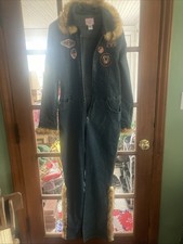 BOOMX BX Jeans Coveralls Overalls Denim M patches faux fur zip front VTG 1996