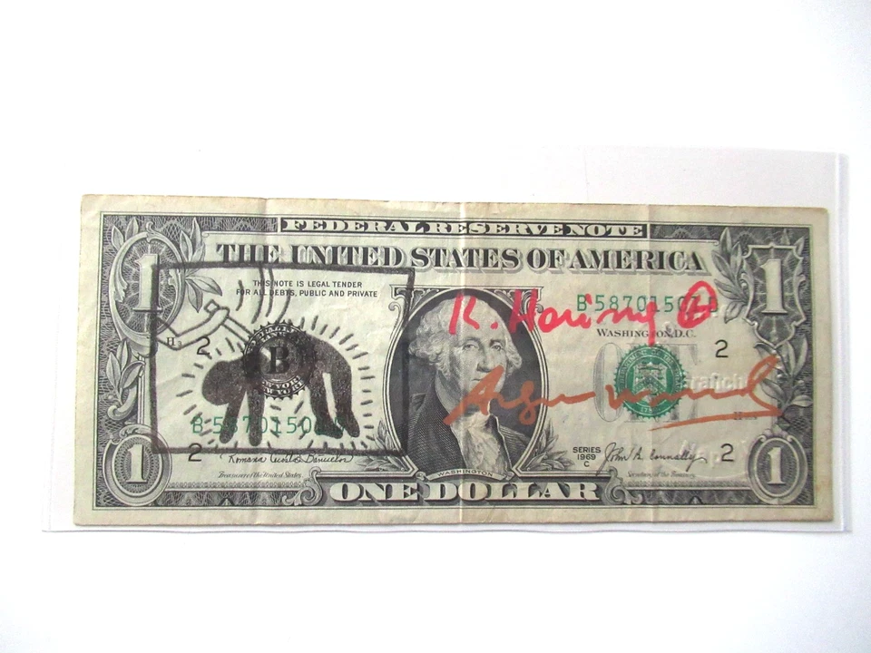A. WARHOL/K. HARING: 1 US Dollar 2x ORIGINAL SIGNIERT,  MIT AMTL. ST. 1977