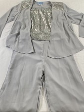 women's 3 pc formal dressy pants suit silver sequins and smoke gray size 14 MOB