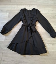 Black Long Sleeved Flared Dress Mock Wrap Frill Ruffle Smart Party Evening UK10