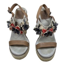 Tory Burch Mallory Lin Natural Wedge Espadrille Sandal Womens Size 7