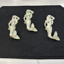 Mermaid Painted White Cast Iron Wall Hooks Set of 3 Distressed Beach Bath Entry