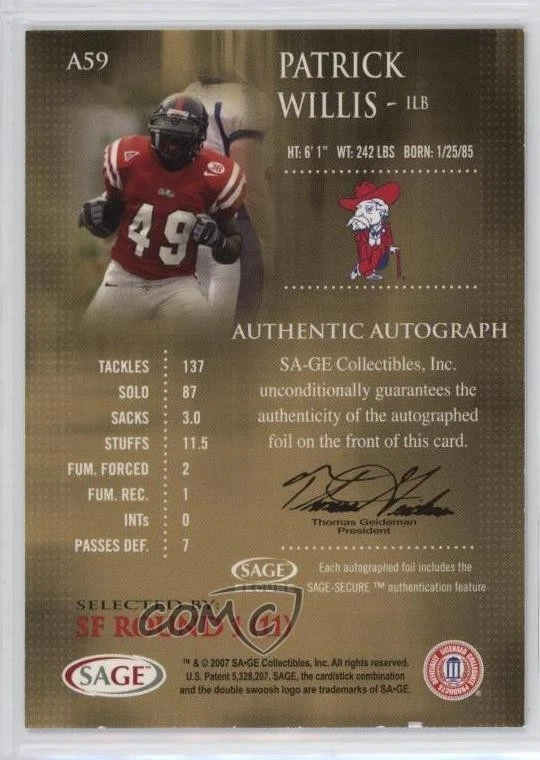 2007 SAGE Auto Football Auto Bronze Patrick Willis #A59 Rookie Auto RC HOF - Image 2 of 2